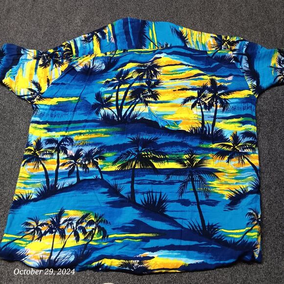 VTG Ocean Current Hawaiian‎ Shirt Men Large Blue Palm Tree Sun Set Print - Picture 5 of 5